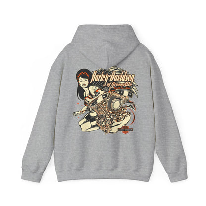 Luxury Harley-Davidson back print hoodie in grey featuring a vintage-inspired design of a motorcycle engine and a chic woman, perfect for stylish motorcycle enthusiasts.