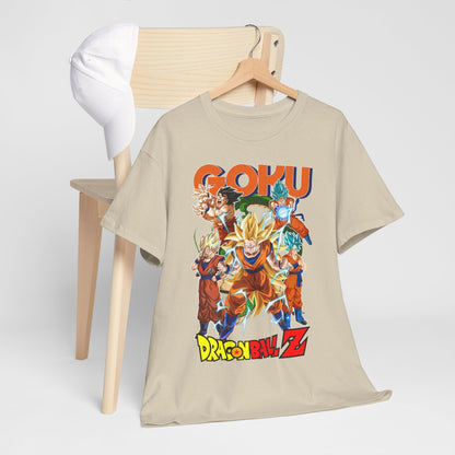 Goku Power Surge T-Shirt paired with a chic cap, elegantly set on a wooden chair, showcasing vibrant Dragon Ball Z artwork and luxurious fabric.