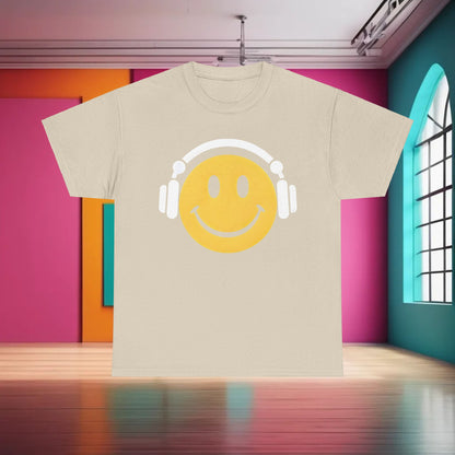 Enchanted Harmony Graphic T-Shirt in an elegant beige hue adorned with a joyful yellow smiley face and white headphones, blending comfort with style.