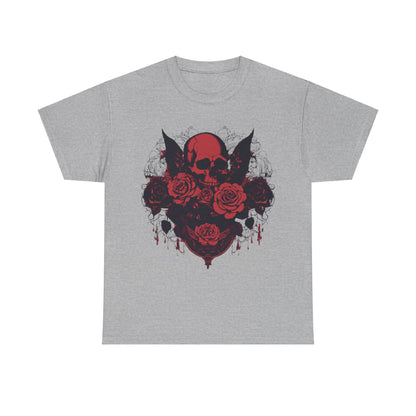 Skulls and Roses Cotton Tee in grey, featuring an elegant design of a skull surrounded by red roses, ideal for those with a taste for edgy luxury fashion.