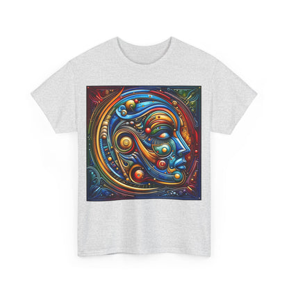 Front view of the Stained Glass Dreams Unisex T-Shirt featuring a vibrant and intricate design of a human face, embodying Art Deco inspiration and rich colours.