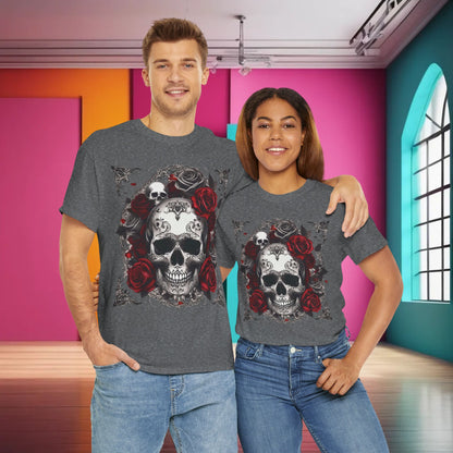 Charming couple wearing the Skulls and Roses Cotton Tee, proudly showcasing its edgy design in a trendy and stylish indoor environment.