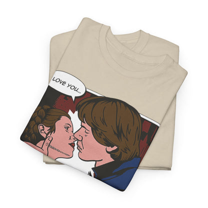 Luxury Star Wars 'I Know' graphic t-shirt featuring a comic-inspired depiction of Han Solo and Princess Leia in a romantic kiss, ideal for Valentine's gifts.