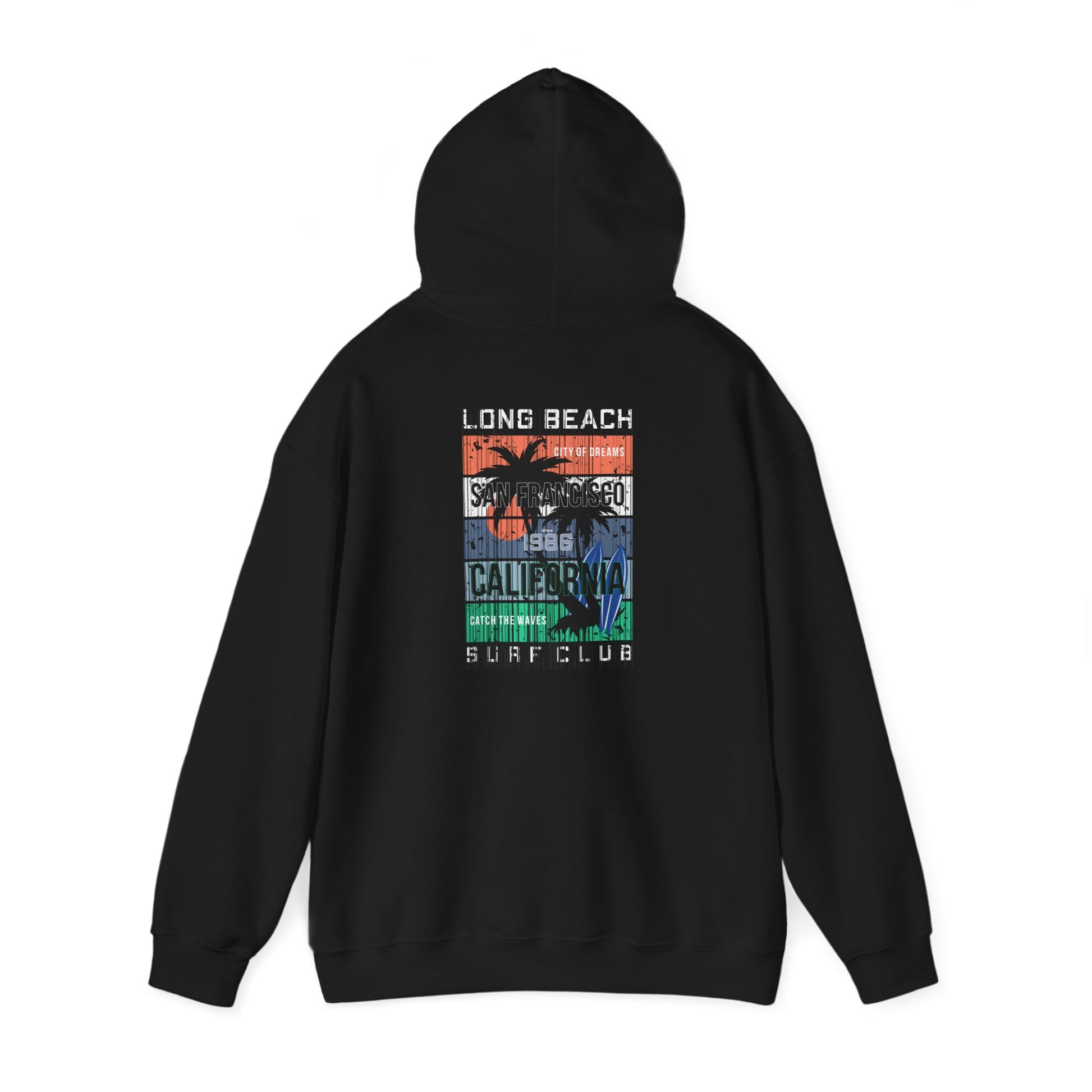 Stylish black Urban Vibes hoodie featuring eye-catching San Francisco surf graphics on the back, tailored for a high-end casual look.