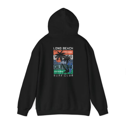 Stylish black Urban Vibes hoodie featuring eye-catching San Francisco surf graphics on the back, tailored for a high-end casual look.