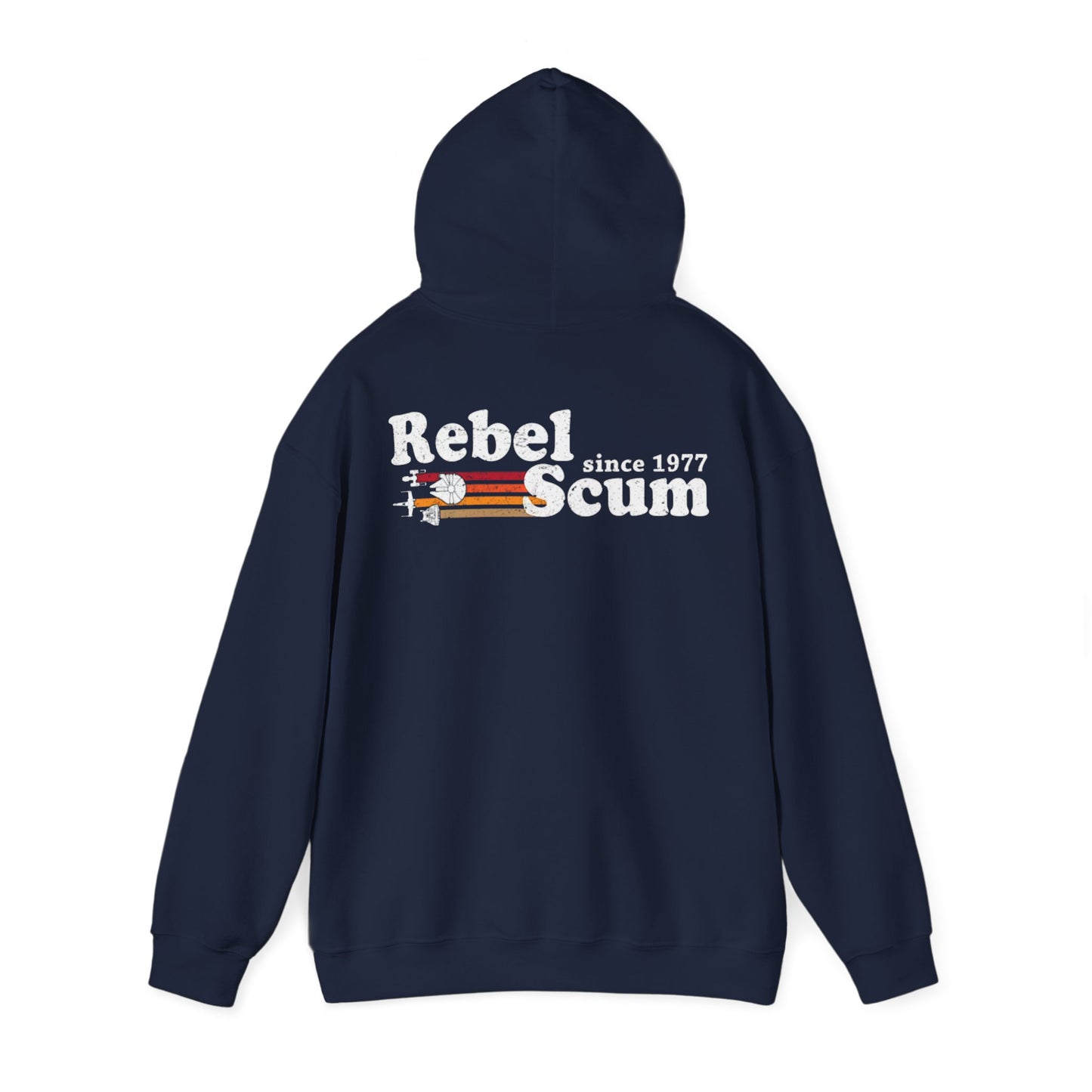 Chic navy hoodie with the vintage 'Rebel Scum since 1977' design on the back, merging retro aesthetics with contemporary fashion.