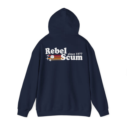 Chic navy hoodie with the vintage 'Rebel Scum since 1977' design on the back, merging retro aesthetics with contemporary fashion.
