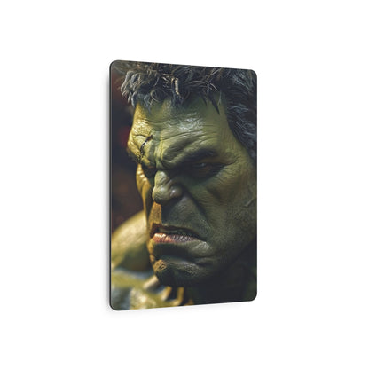 Marvel Hulk Metal Art Poster featuring a side view of the Hulk's fierce visage, crafted from aluminium for a high-end aesthetic in home decoration.
