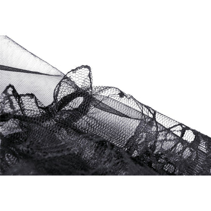 Full view of the Gothic Elegance Melisandre Skirt featuring a layered mesh overlay and asymmetrical scalloped hem.