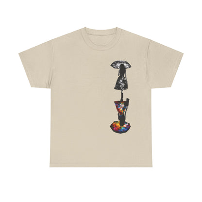 Elegant Duality Dreams Unisex T-Shirt in neutral beige, highlighting an exquisite floral design that depicts contrasting silhouettes of women, one in monochrome and the other showcasing a vivid floral pattern.