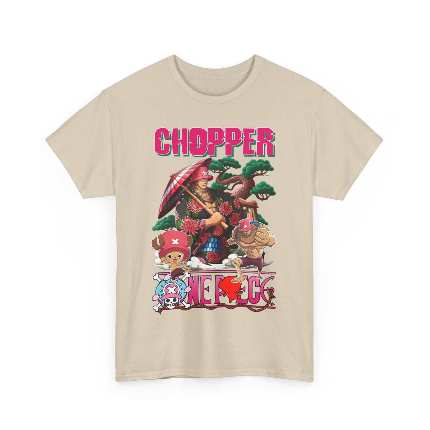 Stylish beige men's graphic t-shirt adorned with striking anime visuals of Chopper, ideal for creating unique fashion statements.