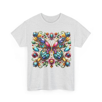 Front view of the Enchanting Butterfly Brooch Unisex T Shirt Graphic Tee in grey, showcasing a captivating butterfly graphic embellished with bright jewel-like colours.