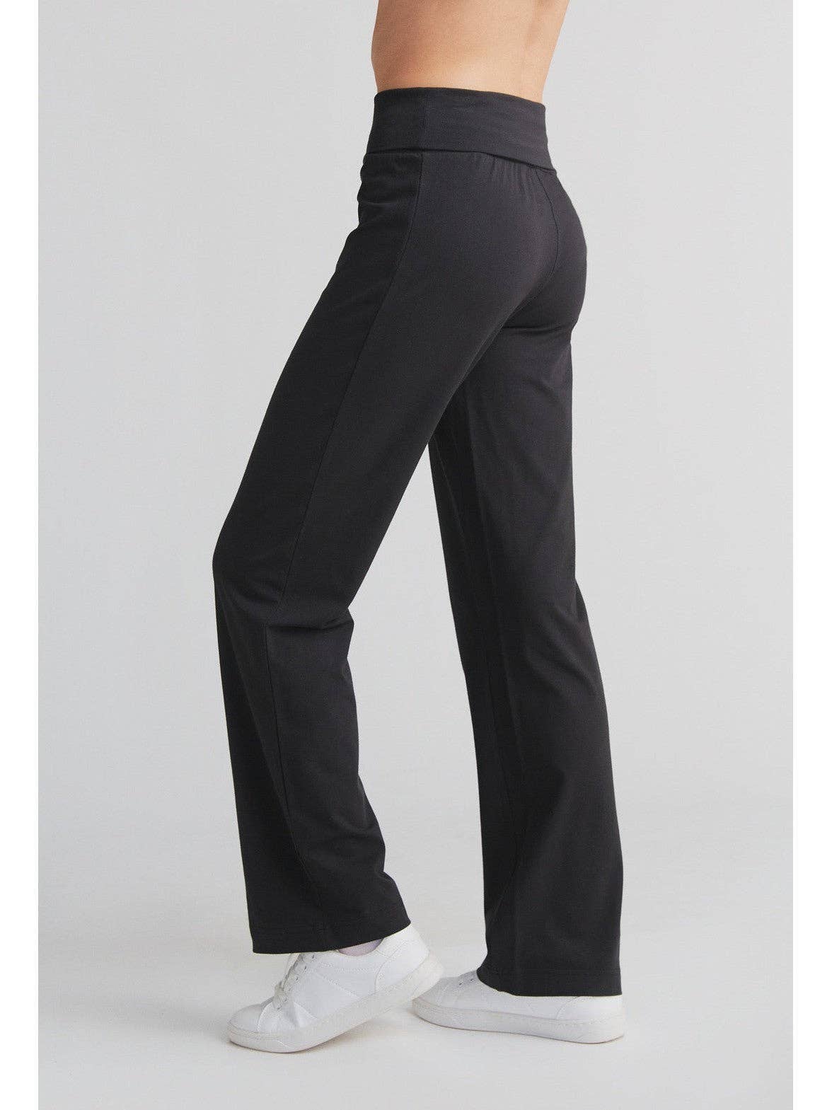 Close-up view of soft organic cotton leggings highlighting the premium fabric and stylish cuffed design.