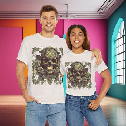 A couple showcasing the Skulls and Roses Cotton Tee, underlining the unisex fit and stylish graphic design perfect for alternative fashion enthusiasts.