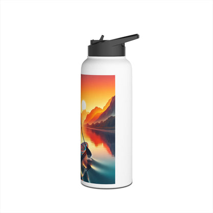 Elegant Fantasy Paddleboarding Stainless Steel Water Bottle showcasing a picturesque riverscape with mountains and sunset, ideal for stylish hydration during outdoor activities.
