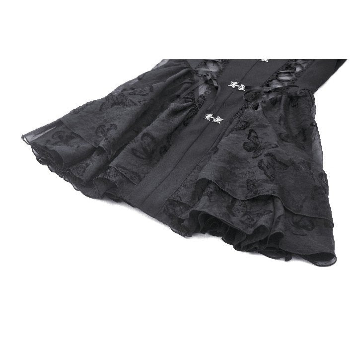 Full view of the Dark in Love Blanche Victorian gothic dress displaying the flared skirt and corseted waist for a figure-enhancing silhouette.