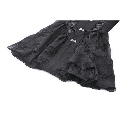 Full view of the Dark in Love Blanche Victorian gothic dress displaying the flared skirt and corseted waist for a figure-enhancing silhouette.