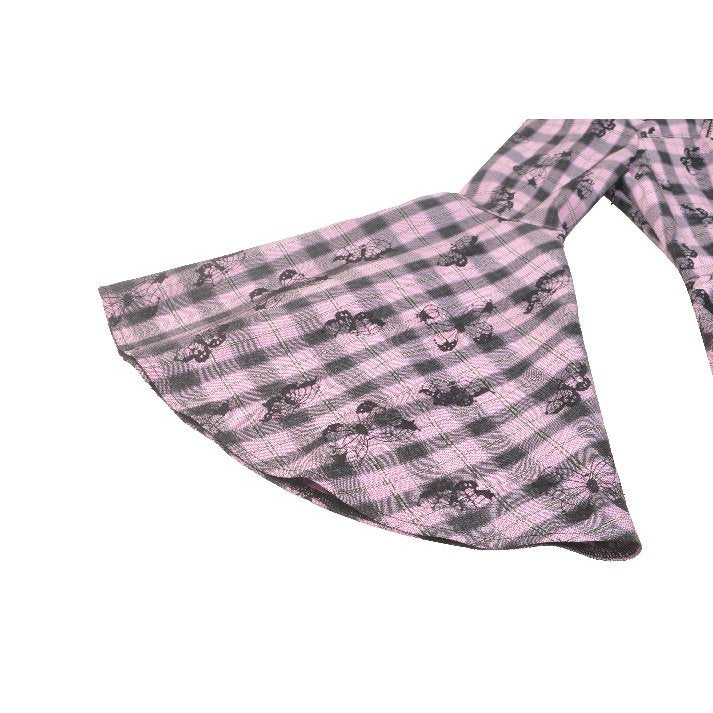 Elegant Dark In Love Ellery dress featuring a vibrant pink butterfly print, showcasing bell sleeves for a luxurious and bold fashion statement.