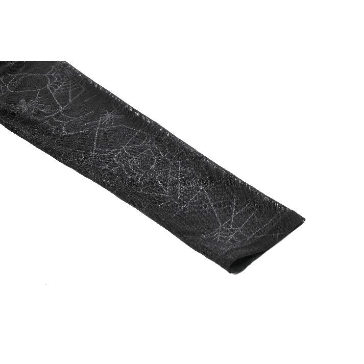 Close-up of Dark in Love Jax Spider Print Long Dress's intricate sheer strappy top and elegant gothic styling.