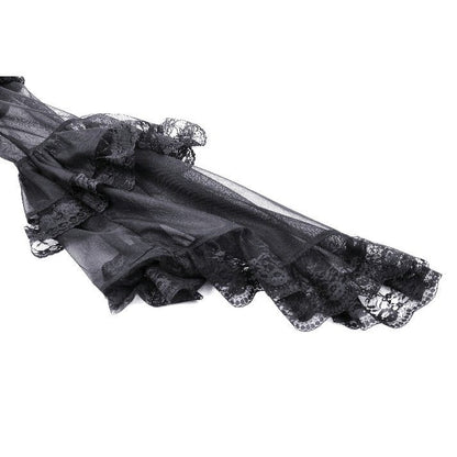 Elegant Dark in Love Millicent Black Tulle Dress showcasing off-shoulder neckline and ruffled corset bodice, enhanced with intricate lace trim and feather details for a luxurious gothic style.