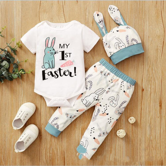 Luxury New Easter Print Rabbit Romper three-piece outfit in light blue with a whimsical bunny design, ideal for celebrating Easter. Perfect for infants aged 1 to 3 years.