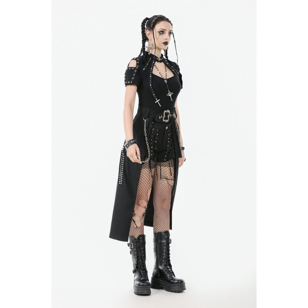 Full view of the Dark in Love Layered Goth Skirt illustrating its longline silhouette and striking layered design, perfect for dark streetwear and festival styles.