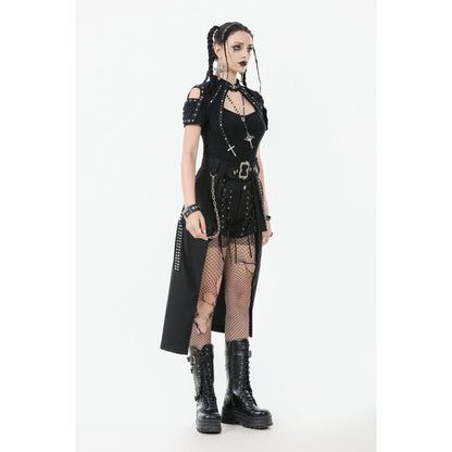 Full view of the Dark in Love Layered Goth Skirt illustrating its longline silhouette and striking layered design, perfect for dark streetwear and festival styles.