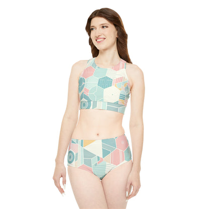 Luxurious Sweat Symphony: Harmonizing Symphony Sporty Bikini Set from Dazzling Dreams Studio, featuring a high-waisted design and padded support, perfect for elegant beach activities.