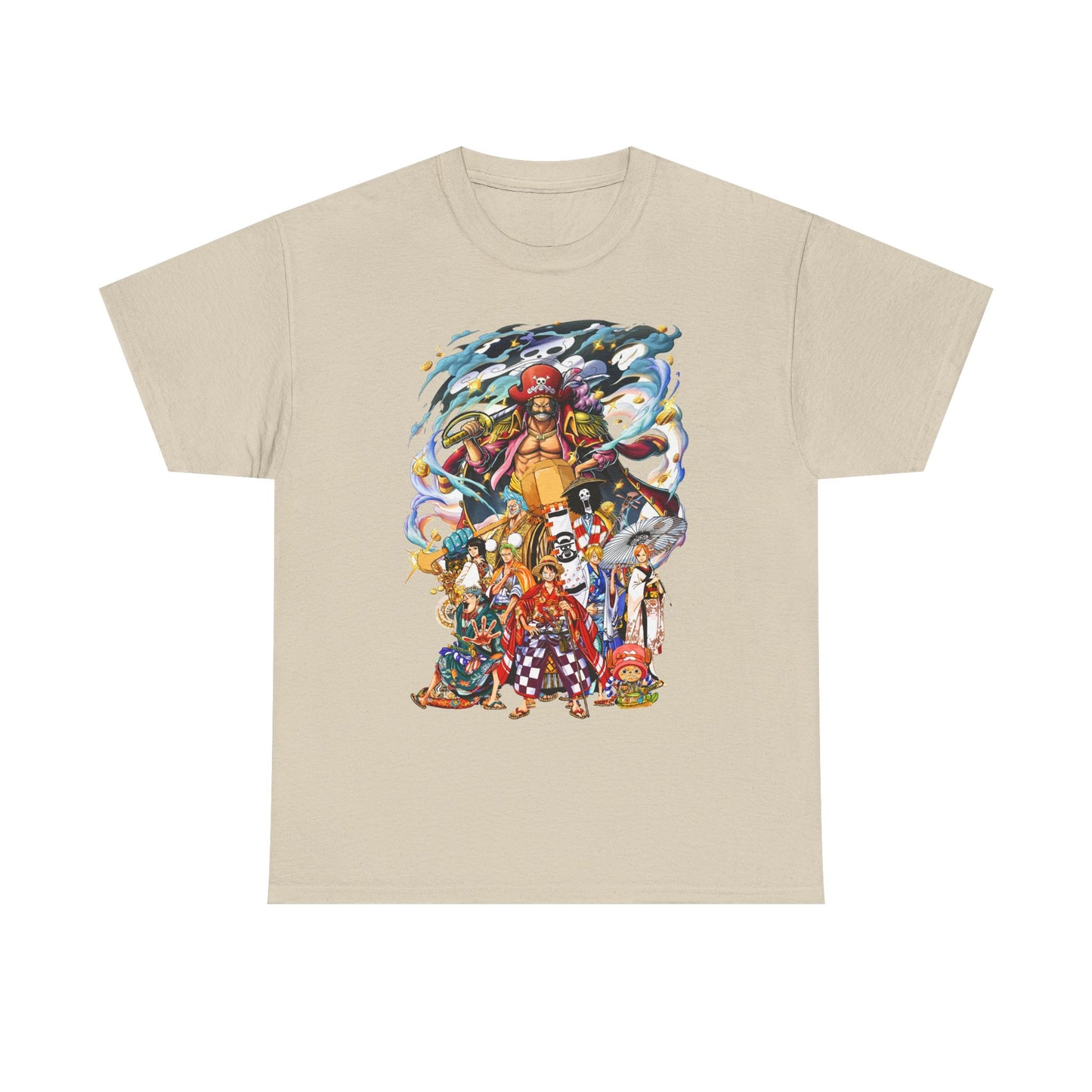 Chic Epic 1 Piece Adventure Men's T-Shirt in beige displaying a dynamic illustration of beloved anime characters, a must-have for fashion-forward fans.