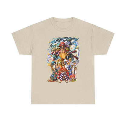 Chic Epic 1 Piece Adventure Men's T-Shirt in beige displaying a dynamic illustration of beloved anime characters, a must-have for fashion-forward fans.