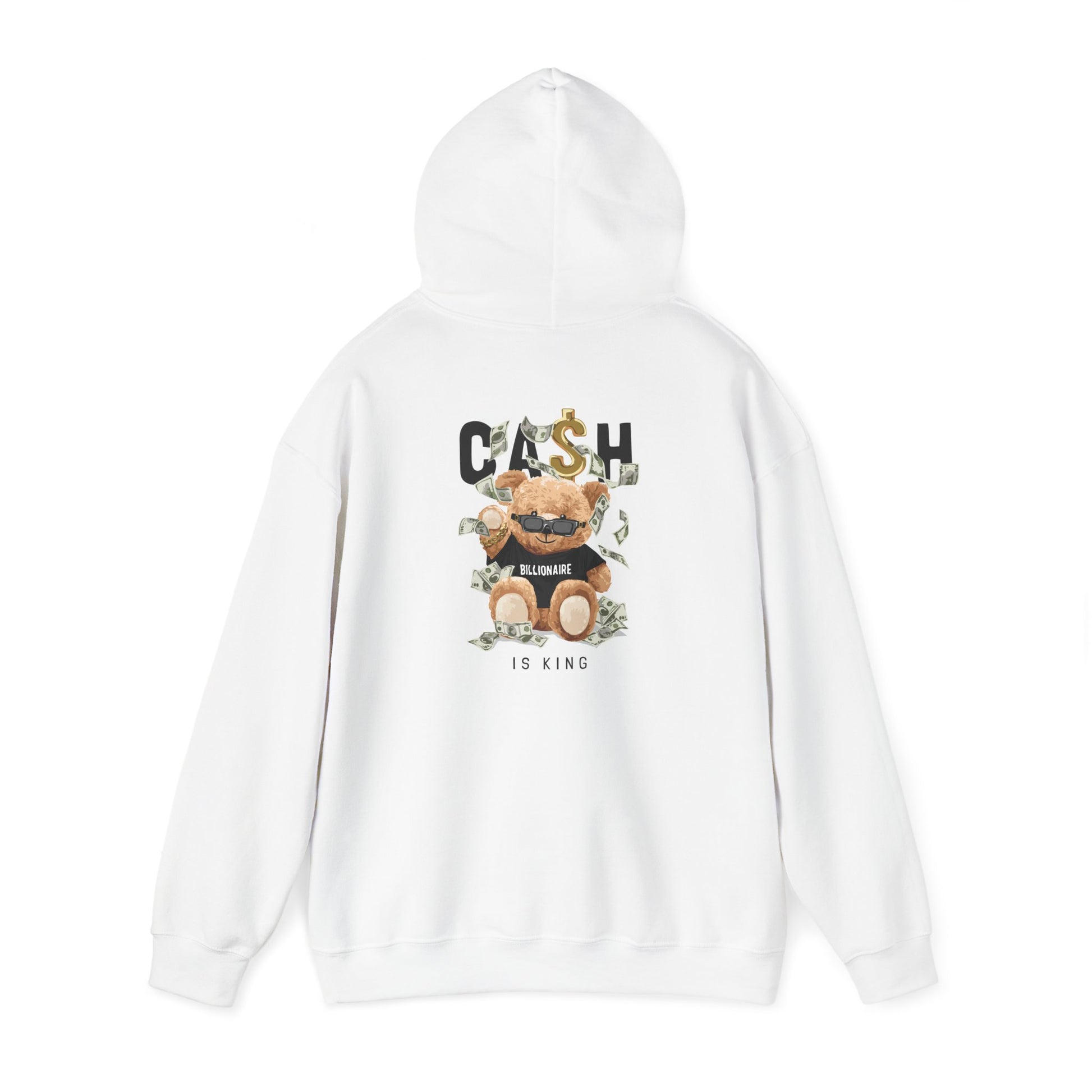 Luxury white hoodie featuring a playful teddy bear graphic with sunglasses, surrounded by dollar bills and the words 'CASH BILLIONAIRE IS KING' for stylish casual wear.