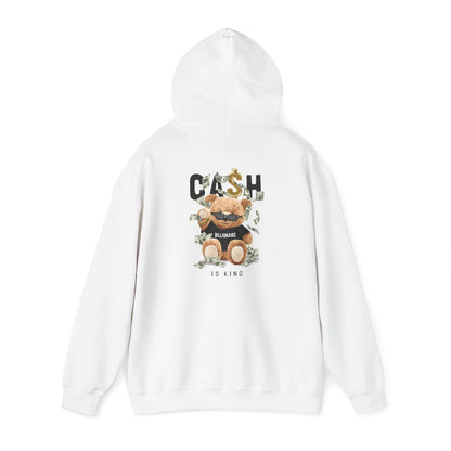 Luxury white hoodie featuring a playful teddy bear graphic with sunglasses, surrounded by dollar bills and the words 'CASH BILLIONAIRE IS KING' for stylish casual wear.