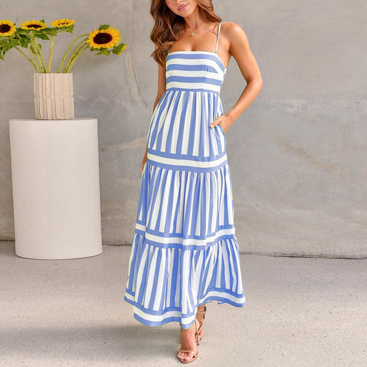 Summer Striped Printed Suspender Long Dress With Pockets, featuring a chic blue and white striped design, perfect for beach vacations and summer outings, emanating a luxury vibe.