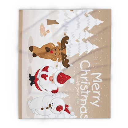 Elegant Decorative and Warm Christmas Arctic Fleece Blanket showcasing delightful holiday scenes with Santa, a reindeer, and a snowman among snow-covered trees, perfect for festive decor.