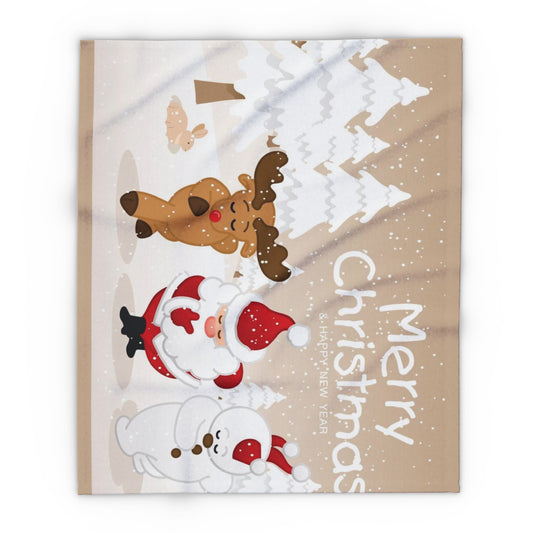 Elegant Decorative and Warm Christmas Arctic Fleece Blanket showcasing delightful holiday scenes with Santa, a reindeer, and a snowman among snow-covered trees, perfect for festive decor.