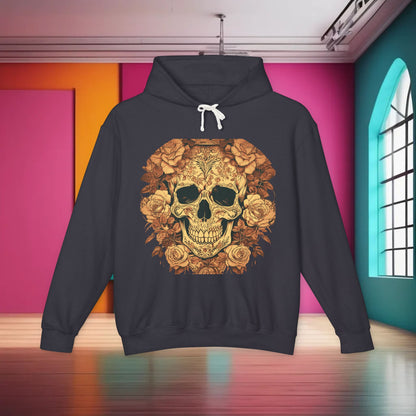 Unisex Lightweight Hooded Sweatshirt with an elegant designer skull and roses design, presented in a stylish room setting, epitomising luxurious streetwear.