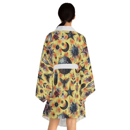 Floral Kimono Robe showcasing a boho chic design with intricate floral patterns and celestial motifs, exuding luxury and comfort for elegant lounging.