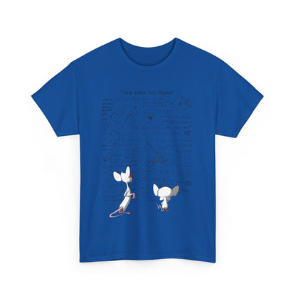 Elegant Pinky And The Brain Graphic T-Shirt in rich blue, complemented by whimsical designs and intellectual doodles, ideal for statement casual wear.