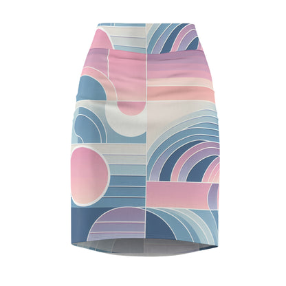 Celeste Rutherford Pastel Gradient Pencil Skirt elegantly showcasing the soft transition of pastel pink, purple, and blue hues, epitomising comfort and style for any occasion.