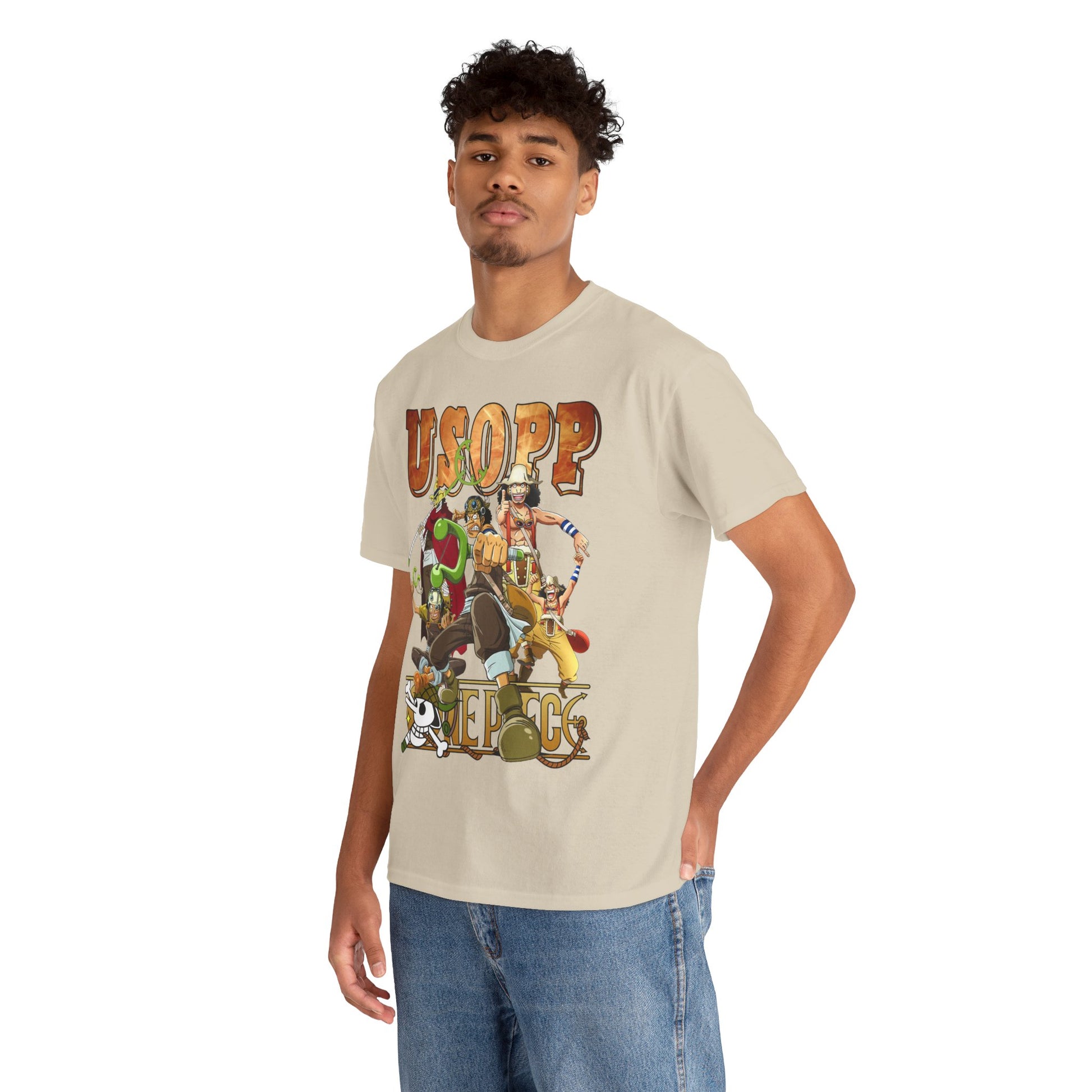 Model wearing the exquisite Usopp T-shirt, emphasizing its unique design with beloved anime characters, perfect for fashionable fans.