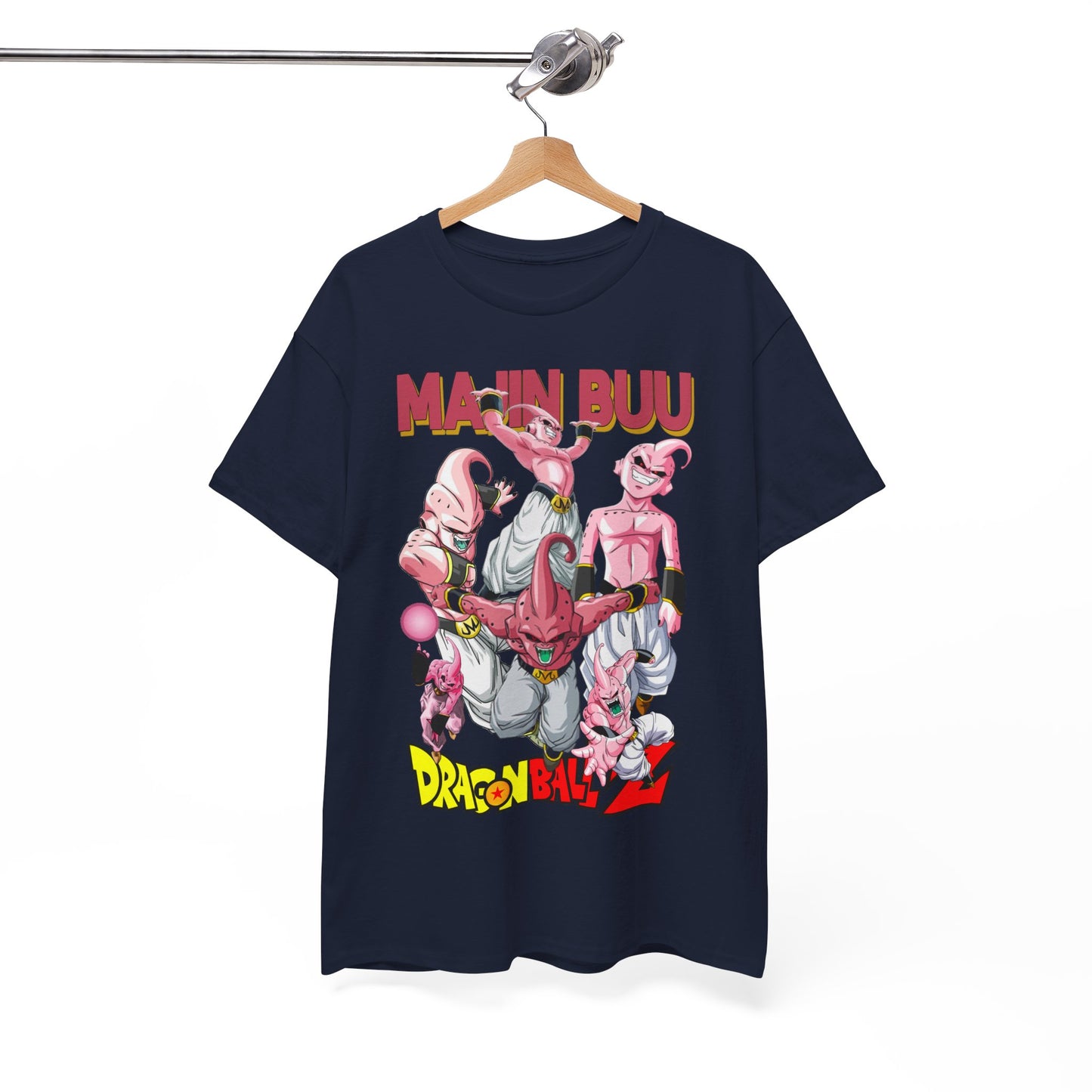 Majin Buu t-shirt artistically showcased on a hanger, displaying colourful anime-inspired graphics, capturing the dynamic essence of 'DRAGON BALL Z' in a luxurious navy fabric.