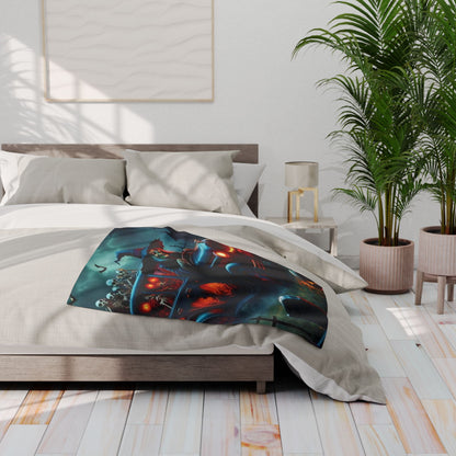 Sophisticated Decorative and Warm Halloween Spooky Arctic Fleece Blanket adorning a well-styled bed, perfect for enhancing a luxurious Halloween atmosphere.