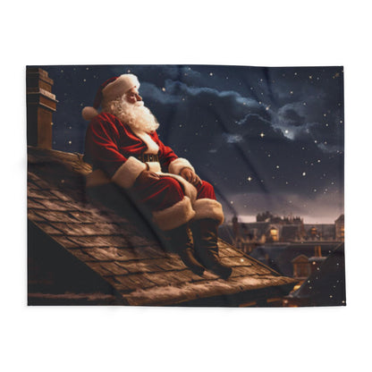 Beautifully designed Decorative and Warm Christmas Santa Claus Arctic Fleece Blanket featuring a classic Santa Claus illustration, showcasing a cozy holiday spirit as it rests against a picturesque winter backdrop.