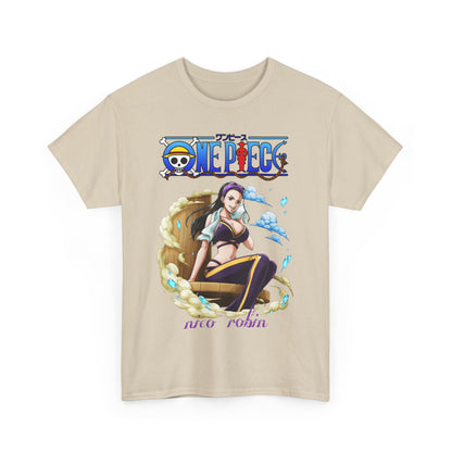 Stylish beige t-shirt featuring Nico Robin from One Piece, emphasising its captivating design and luxurious fabric, ideal for elevated casual attire.