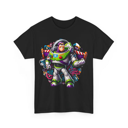 Front view of the Buzz Lightyear Graffiti Unisex Graphic Tee in sophisticated black, showcasing a striking space ranger graphic, perfect for bold fashion statements.
