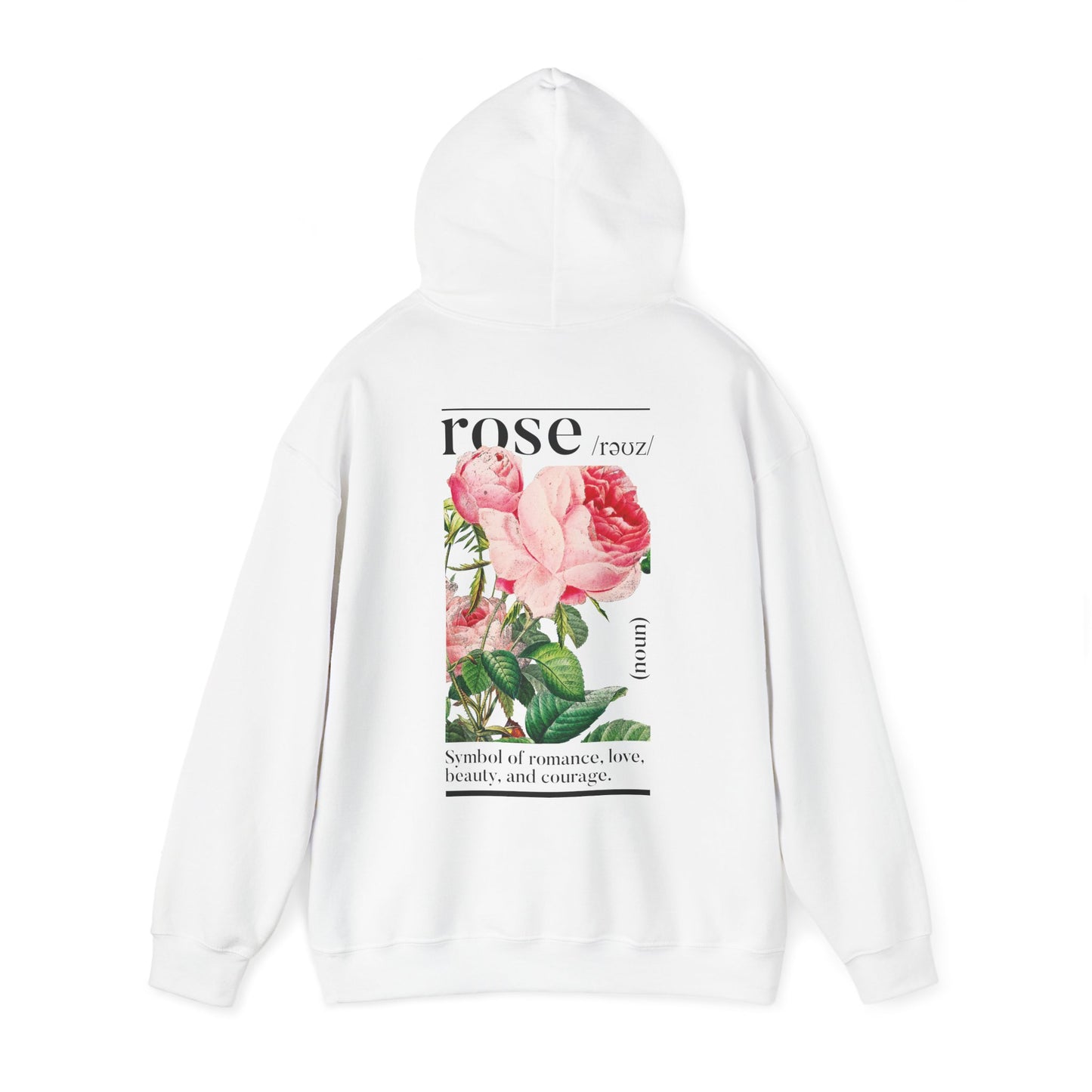 Chic white hoodie adorned with a lavish back illustration of roses, displaying pink blooms and lush greenery, paired with tasteful typography for a refined look.