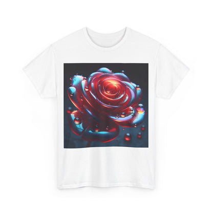 Ethereal Rose Unisex Graphic T-Shirt displayed in white, featuring an iridescent floral design with a captivating rose, ideal for expressing luxury and artistry.