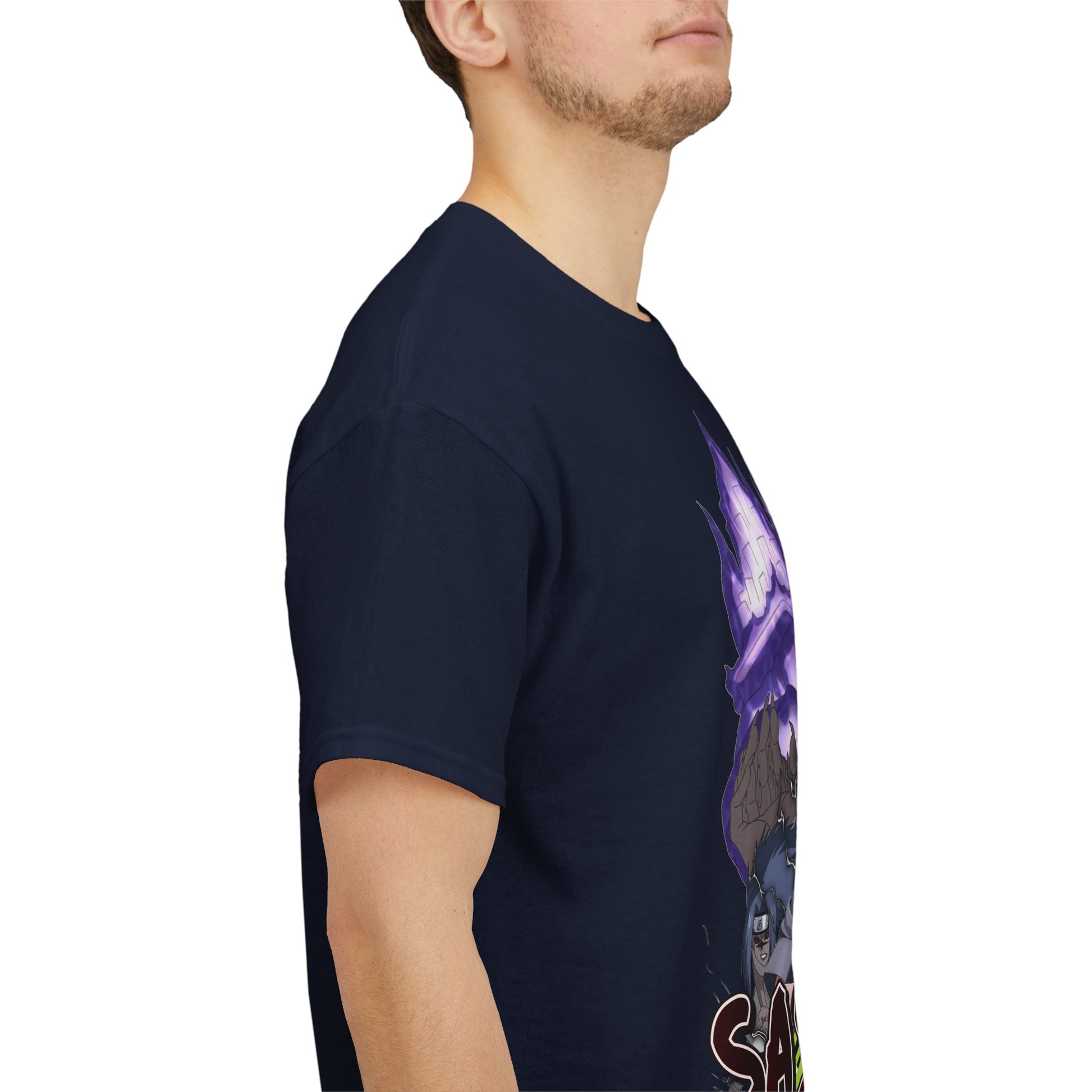 Side view of a luxurious navy blue Unleash Your Style Sasuke Graphic Tee, featuring a striking illustration of Sasuke in his powerful form, designed for discerning anime fans.