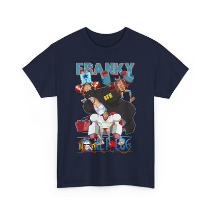 Front view of a luxurious navy blue anime-themed men's t-shirt featuring dynamic graphic art of heroic characters, perfect for anime lovers.