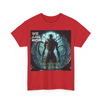 Borg Assimilated Xenomorph Graphic T-Shirt in red, showcasing an intricate design that includes 'WE ARE BORG' and 'RESISTANCE IS FUTILE', ideal for a luxurious, fashionable statement.